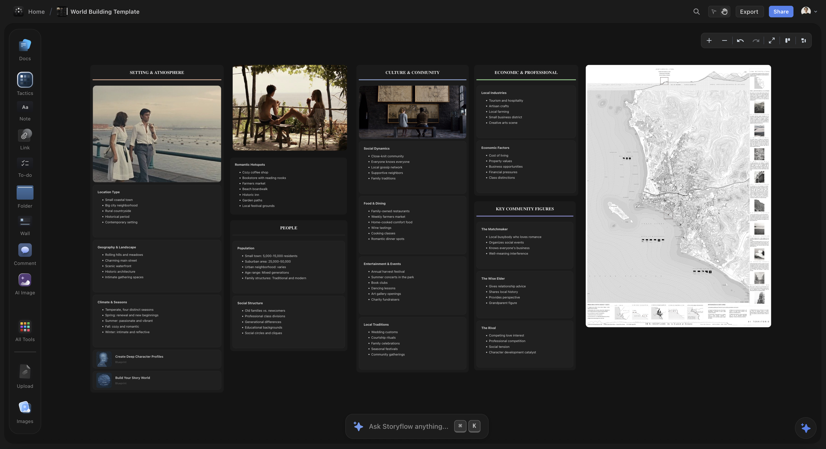 World building with visual maps and interconnected lore